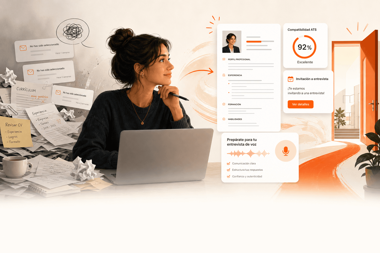 Persona recién egresada convierte información desordenada en un currículum claro y practica una entrevista de voz
